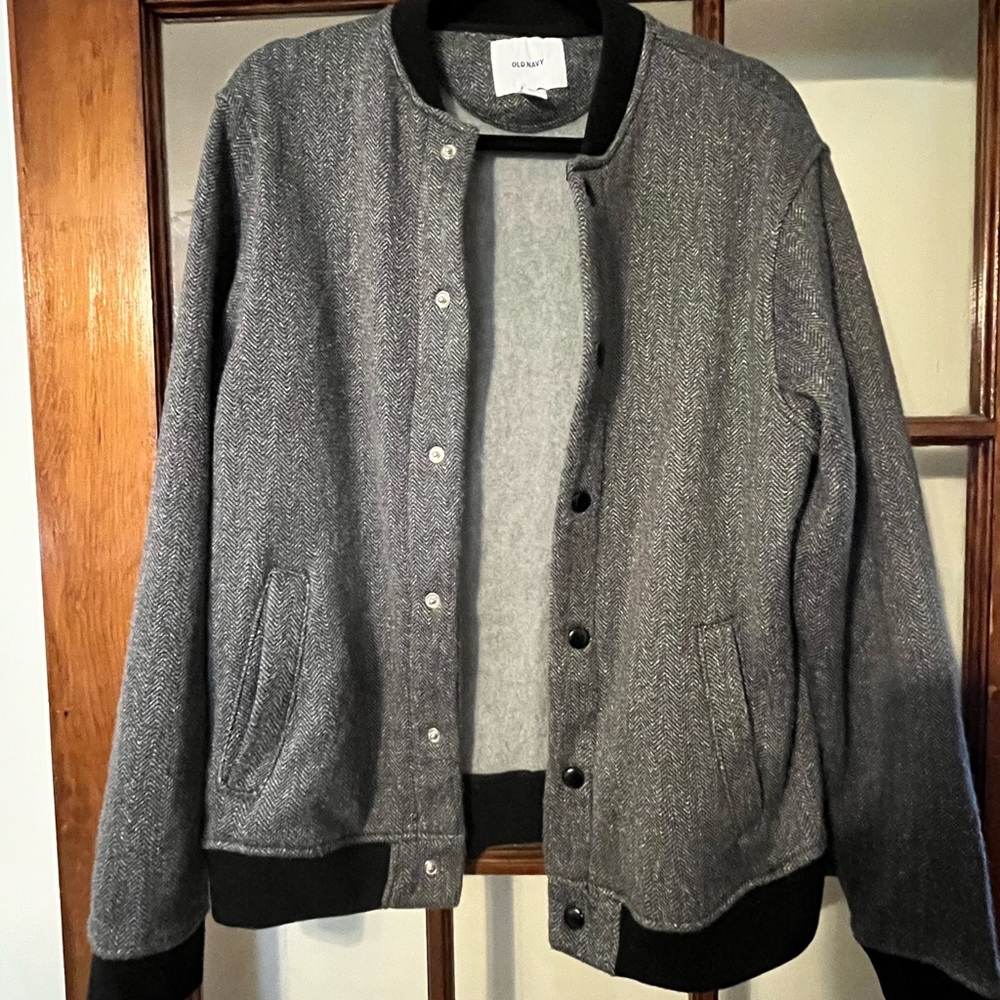 Old Navy Gray and Black Bomber Jacket Timeless Style